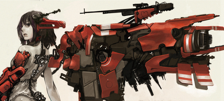 1girl, black_eyes, black_hair, gun, mecha, mecha_musume, mechanical, mechanical_arm