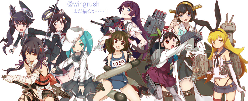 6+girls, araragi_karen, araragi_tsukihi, bakemonogatari, bandaged_arm, breast_rest, breasts, cannon, carrying_under_arm, cosplay, damaged, fingerless_gloves, fooring, gloves, hachikuji_mayoi, hair_ornament, hair_ribbon, hairband, hairclip, hanekawa_tsubasa, hat, hibiki_(kantai_collection), i-19_(kantai_collection), i-19_(kantai_collection)_(cosplay), kanbaru_suruga, kantai_collection, kirishima_(kantai_collection), kongou_(kantai_collection)_(cosplay), machinery, makigumo_(kantai_collection), monogatari_(series), multiple_girls, neck_ribbon, neckerchief, ononoki_yotsugi, oshino_shinobu, rensouhou-chan, reverse_grip, ribbon, sendai_(kantai_collection), sendai_(kantai_collection)_(cosplay), sengoku_nadeko, senjougahara_hitagi, shimakaze_(kantai_collection), shimakaze_(kantai_collection)_(cosplay), shiranui_(kantai_collection), sleeves_past_wrists, tatsuta_(kantai_collection), tatsuta_(kantai_collection)_(cosplay), tenryuu_(kantai_collection), tenryuu_(kantai_collection)_(cosplay), torn_clothes, torpedo, turret, twitter_username, verniy_(kantai_collection), verniy_(kantai_collection)_(cosplay), yamato_(kantai_collection)_(cosplay)