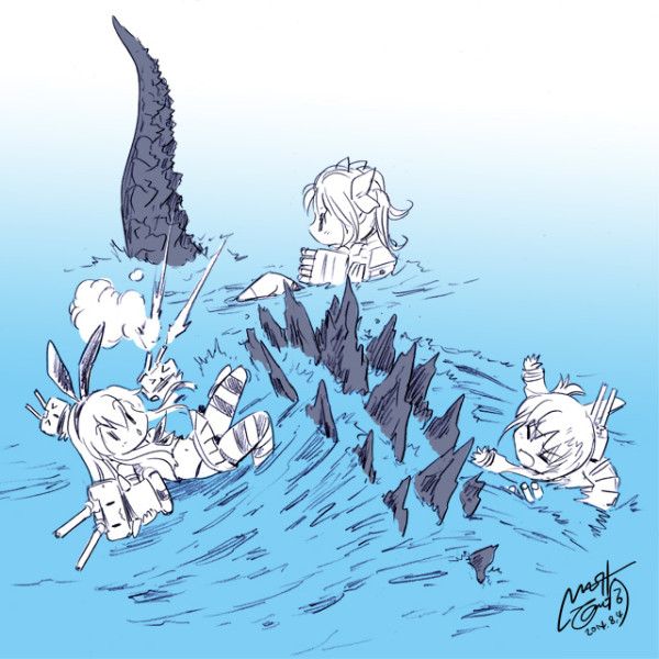 3girls, crossover, godzilla, godzilla_(series), ikazuchi_(kantai_collection), kagerou_(kantai_collection), kaijuu, kantai_collection