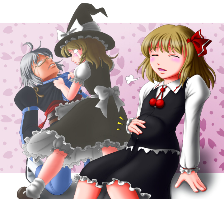 braid, glasses, hair_ribbon, hat, kirisame_marisa, morichika_rinnosuke, pregnant, ribbon