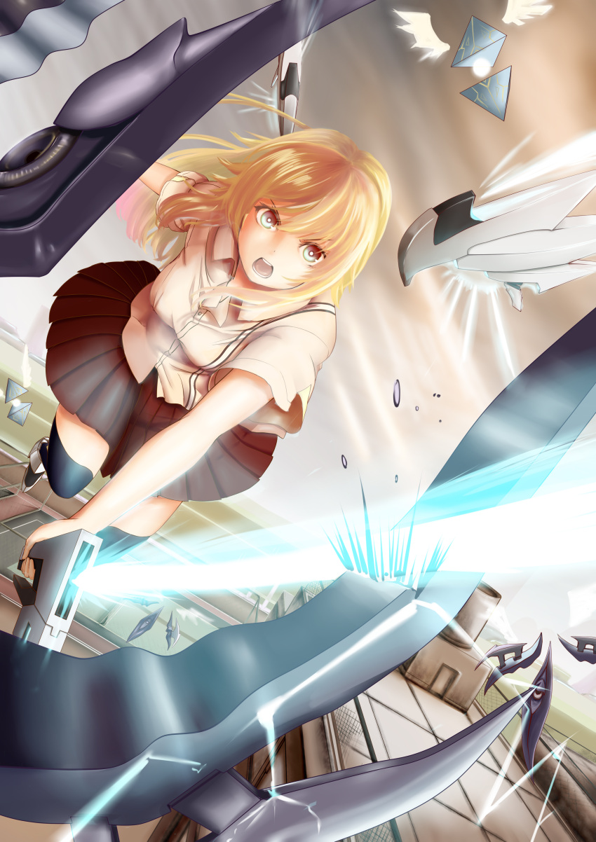 1girl, absurdres, blonde_hair, brown_eyes, dutch_angle, highres, mecha, original