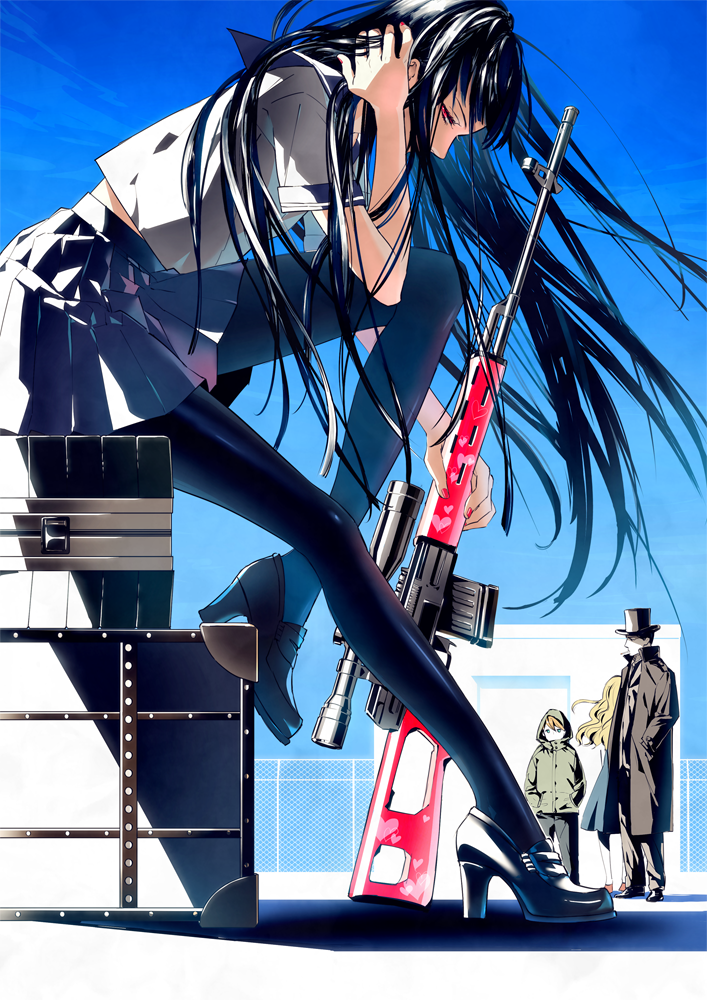 2boys, 2girls, adjusting_hair, ame_(conronca), black_legwear, blonde_hair, dragunov_svd, gun