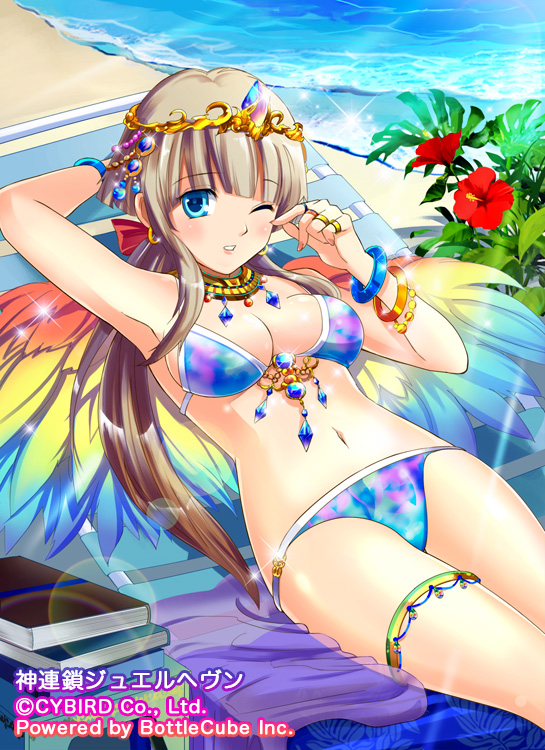 1girl, beach, bikini, blue_eyes, book, bracelet, brown_hair, crown