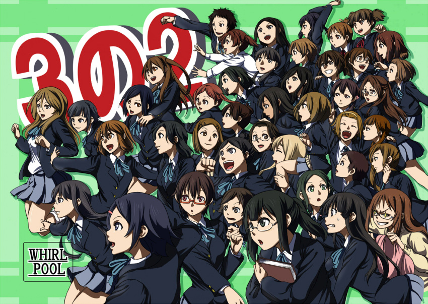 6+girls, akiyama_mio, black_eyes, black_hair, blonde_hair, blue_eyes, brown_eyes, brown_hair