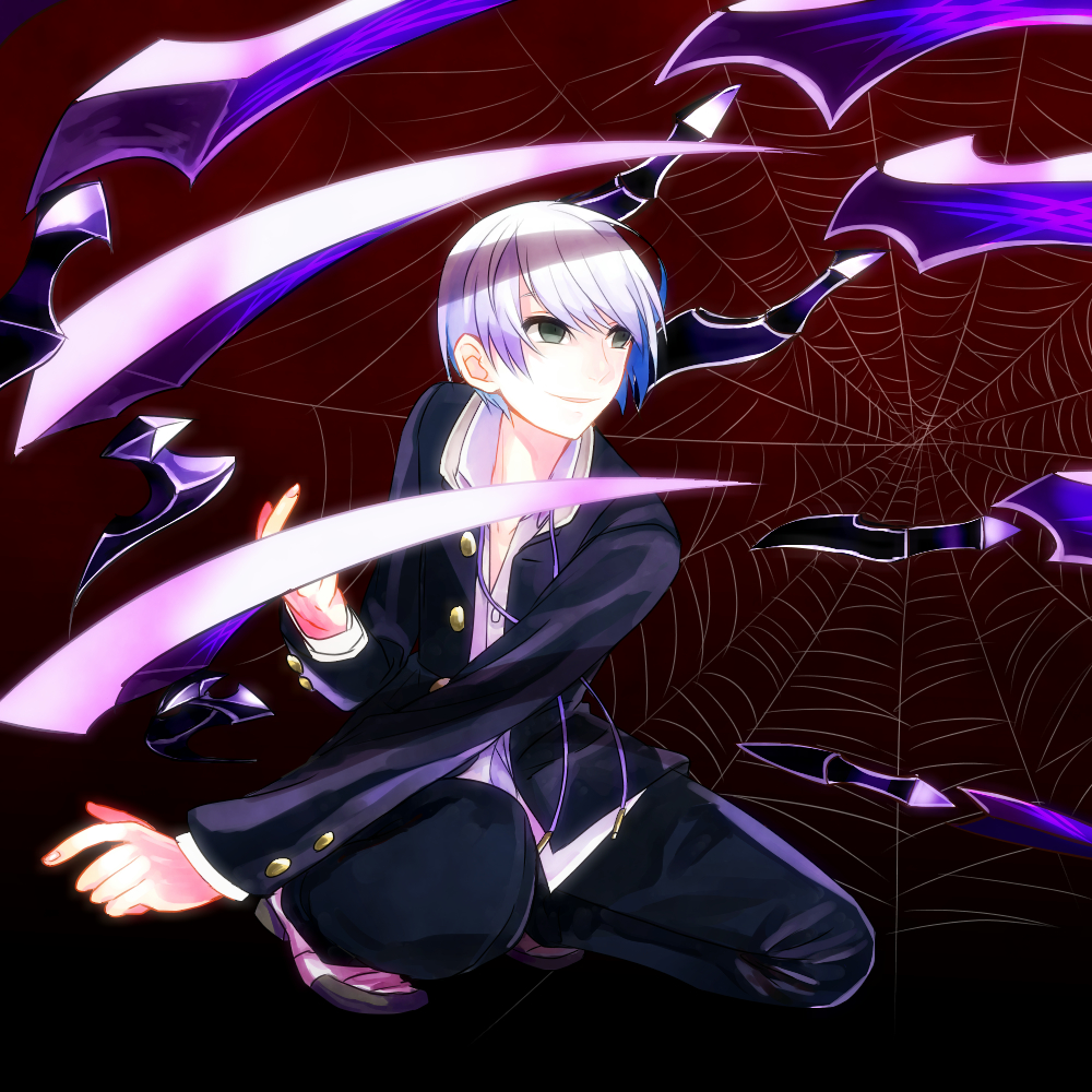 1boy, byakuya_(under_night_in-birth), evil_smile, floating_swords, gakuran, grey_hair, one_knee, school_uniform, short_hair, smile, solo, spider_web, sword, under_night_in-birth, weapon, yoshida_mettsu