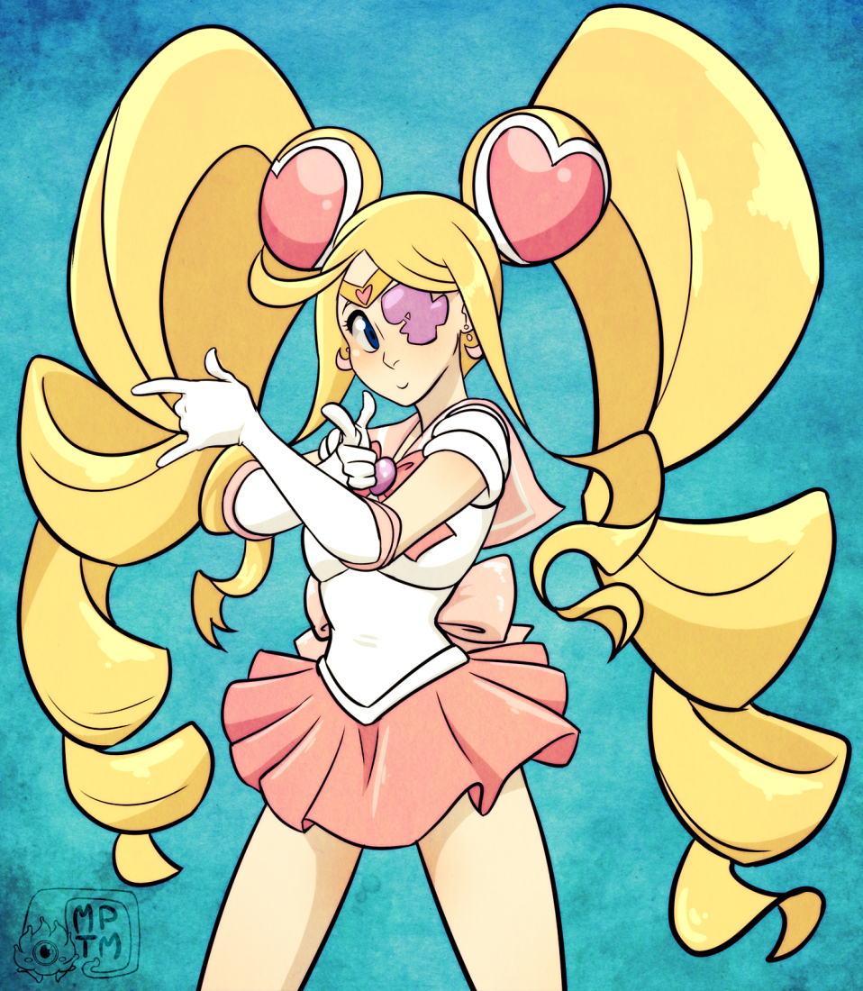 1girl, \m/, bishoujo_senshi_sailor_moon, blonde_hair, blue_eyes, cosplay, crescent, drill_hair, earrings, elbow_gloves, eyepatch, gloves, hairpods, harime_nui, heart, jewelry, kill_la_kill, long_hair, magical_girl, my_pet_tentacle_monster, parody, sailor_collar, sailor_senshi_(cosplay), skirt, solo, tsuki_ni_kawatte_oshioki_yo, twin_drills, very_long_hair
