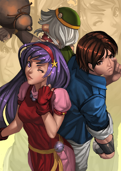 1girl, 2boys, ;), asamiya_athena, big_nose, brown_hair, chin_gentsai, dog_hate_burger