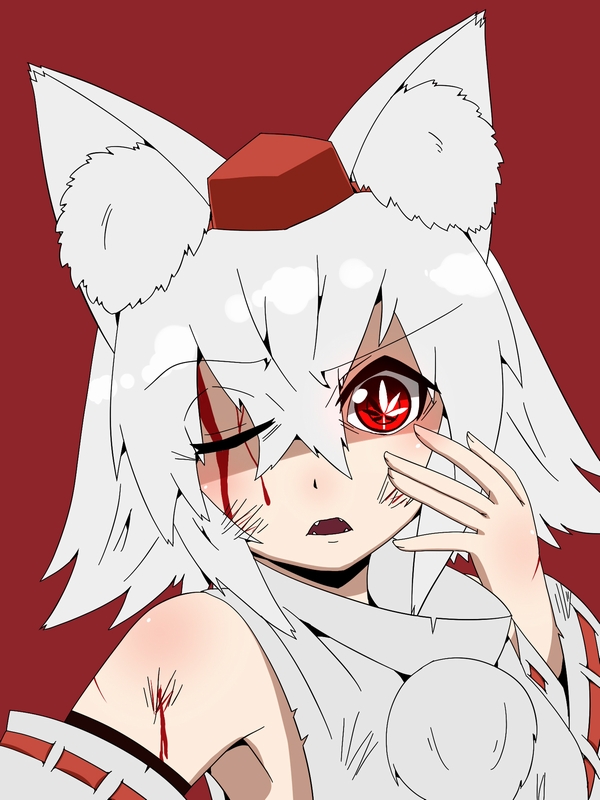 1girl, animal_ears, bare_shoulders, blood, detached_sleeves, fangs, hat, heikouidou_(seraeno)