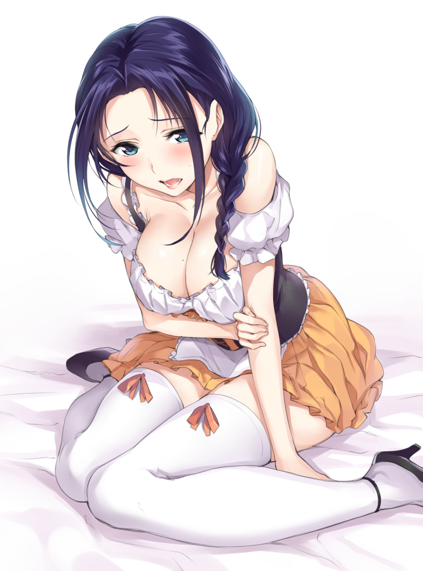 1girl, bare_shoulders, blue_eyes, blush, braid, breasts, cleavage, corset, dirndl, gan_(shanimuni), german_clothes, high_heels, highres, large_breasts, leaning_forward, long_hair, looking_at_viewer, mole, mole_on_breast, original, purple_hair, revision, ribbon-trimmed_legwear, ribbon_trim, sanae_(gan), sitting, skirt, solo, thigh-highs, wariza, white_legwear, zettai_ryouiki