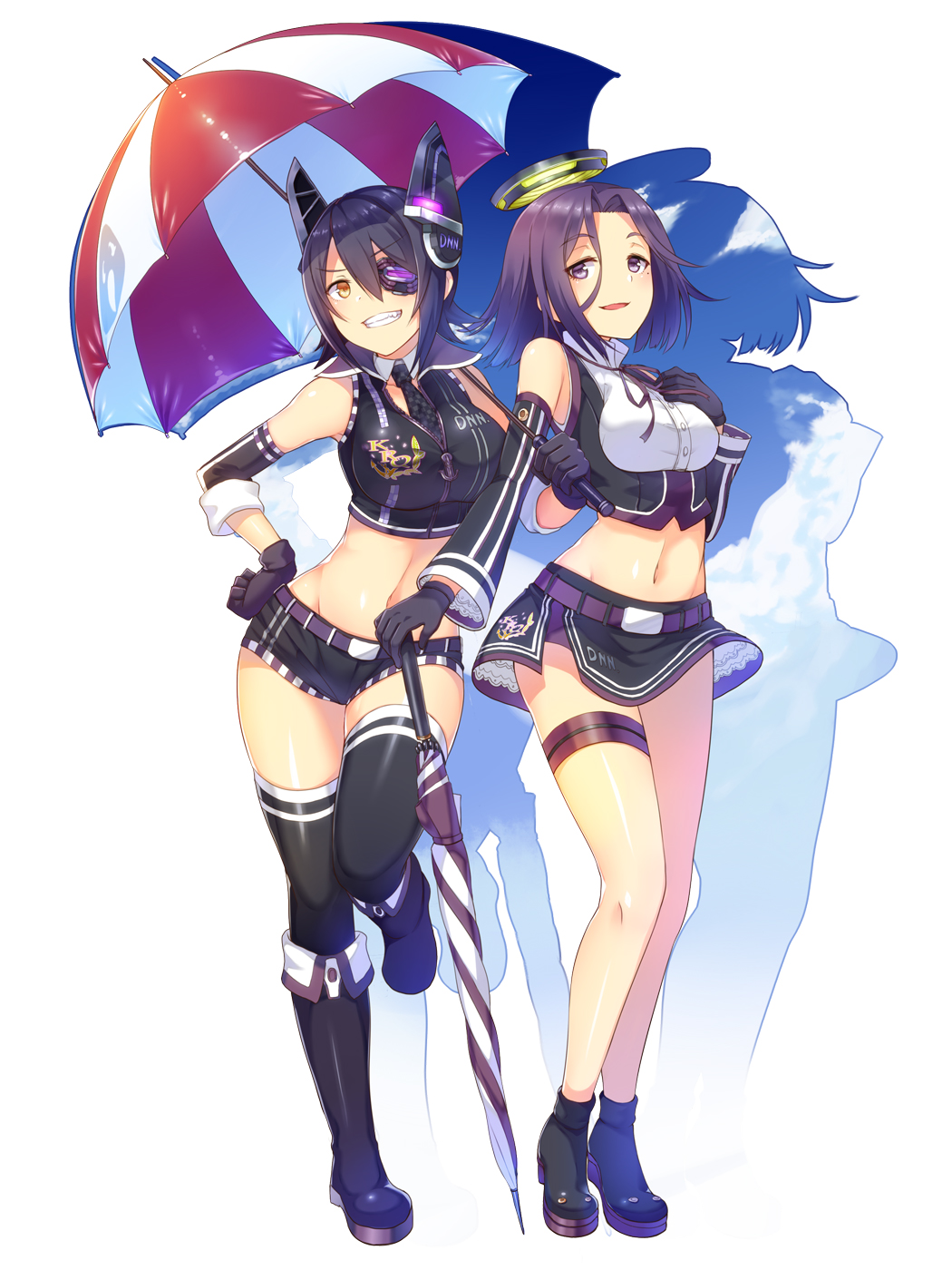 2girls, alternate_costume, bare_legs, bare_shoulders, black_gloves, black_legwear, blush, boots