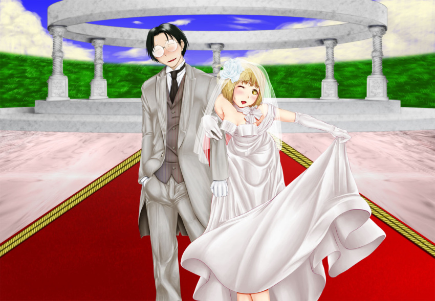 1boy, 1girl, bad_end, black_hair, blonde_hair, blush, bob_cut, breasts