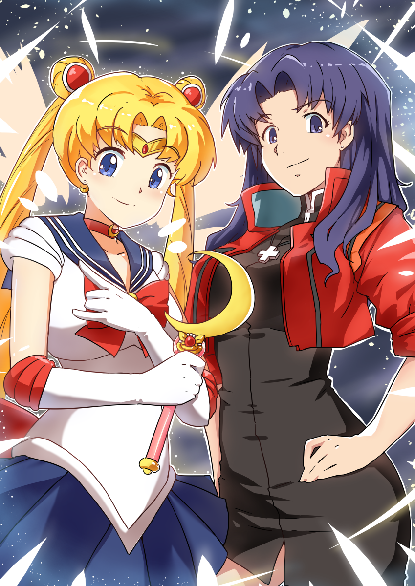 2girls, bishoujo_senshi_sailor_moon, blonde_hair, blue_eyes, blue_hair, blue_skirt, choker, crescent