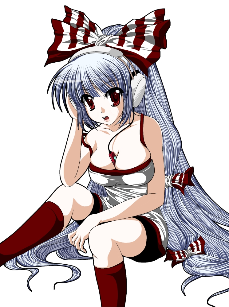 bare_shoulders, between_breasts, bow, breasts, digital_media_player, fujiwara_no_mokou, hair_bow, headphones