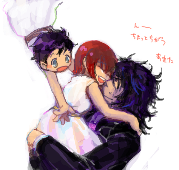 1girl, 2boys, bare_shoulders, bec_mcconn, beranabus, black_hair, bran_(the_demonata), child