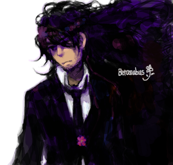 1boy, beranabus, black_eyes, black_hair, character_name, facial_hair, flower, formal