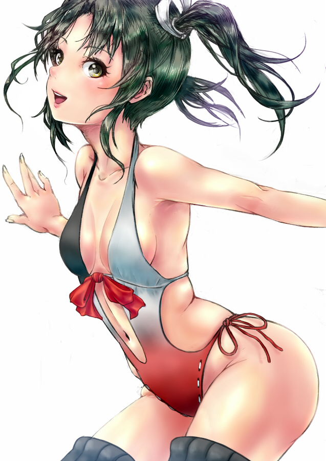 1girl, brown_eyes, casual_one-piece_swimsuit, grey_hair, ha_to_mi, kantai_collection, long_hair, one-piece_swimsuit