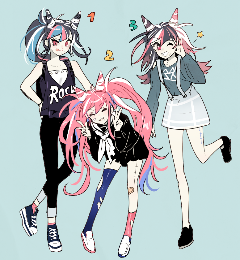 1girl, :p, alternate_costume, alternate_hair_color, alternate_hairstyle, bandaid, bandaid_on_knee, black_hair