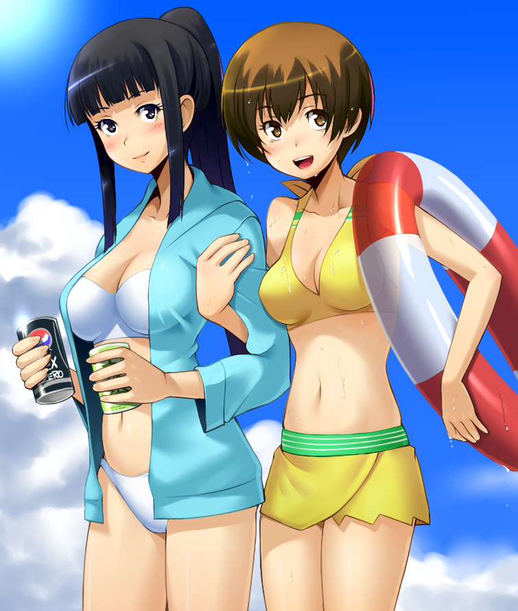 2girls, amagi_yukiko, bikini, bikini_skirt, black_eyes, black_hair, blush, breasts