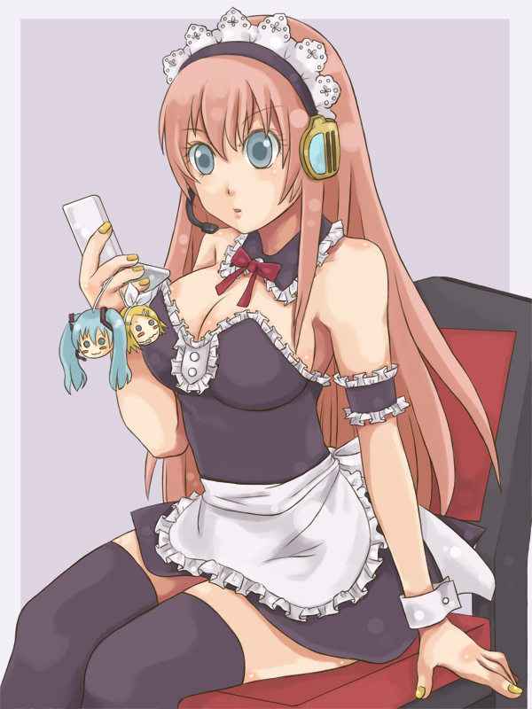 alternate_costume, apron, aqua_eyes, bad_id, breasts, cameo, cellphone, cellphone_strap