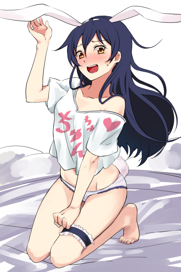 1girl, animal_ears, bare_shoulders, blue_hair, blush, brown_eyes, bunny_tail, fake_animal_ears, kneeling, leg_garter, long_hair, looking_at_viewer, love_live!_school_idol_project, off_shoulder, open_mouth, panties, rabbit_ears, solo, sonoda_umi, tail, underwear, white-aster