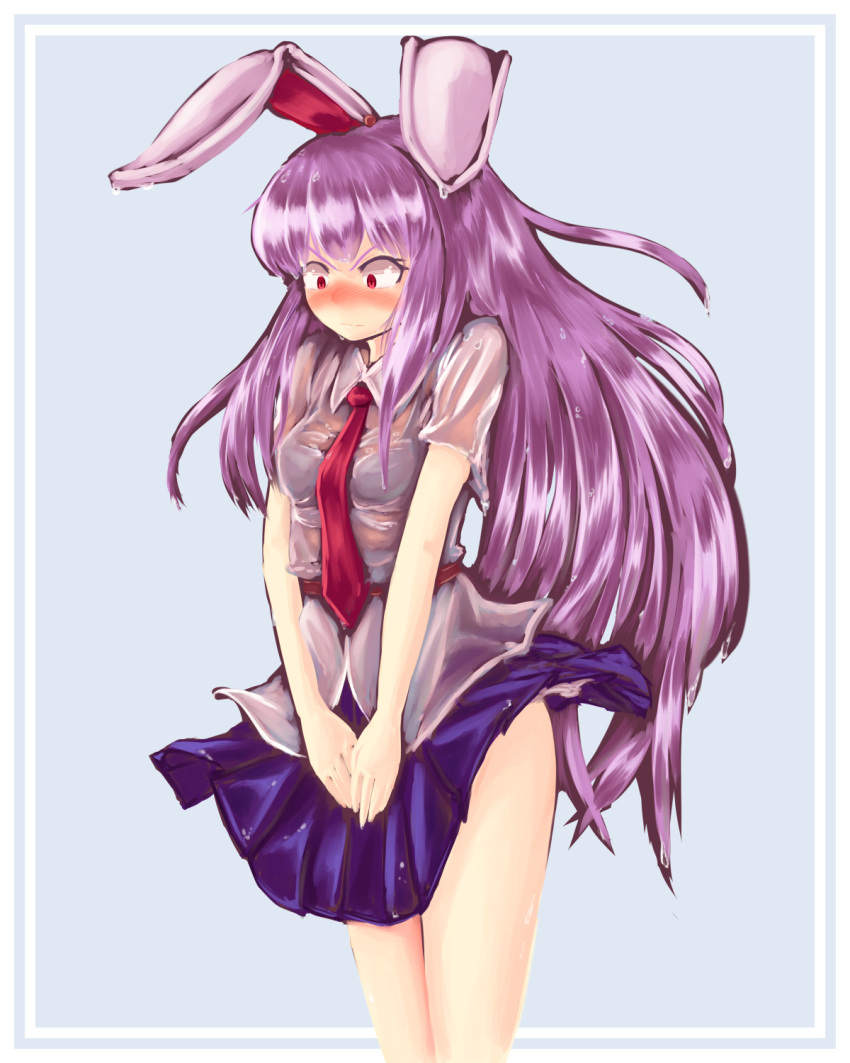 1girl, animal_ears, bare_legs, blush, bra, covering, covering_crotch, dress_shirt