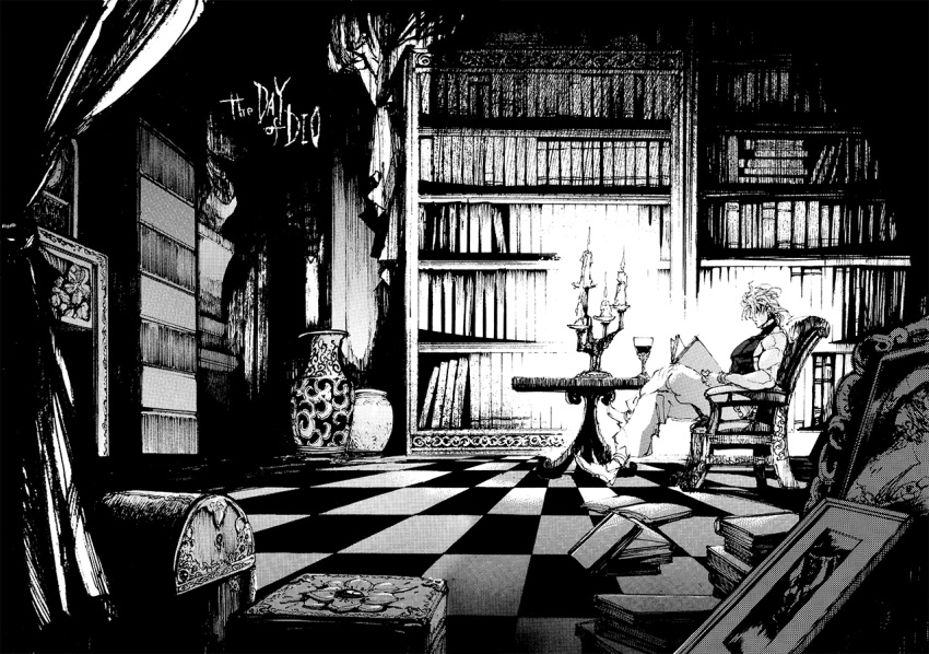 1boy, candlelight, dio_brando, jojo_no_kimyou_na_bouken, library, merumeru626, monochrome, reading