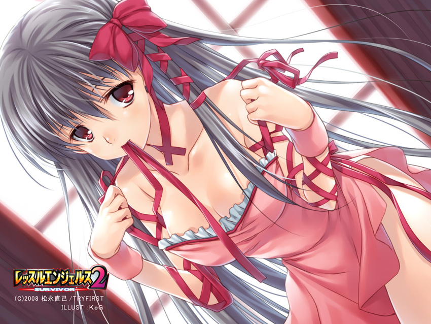 grey_hair, hair_ribbon, keg, leotard, long_hair, red_eyes, ribbon, shiraishi_noel