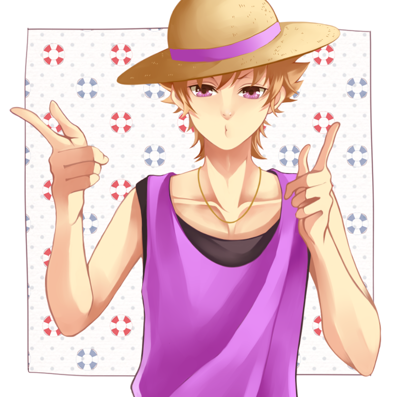 1boy, brown_hair, casual, emika, finger_gun, hat, nagi_no_asukara, o3o