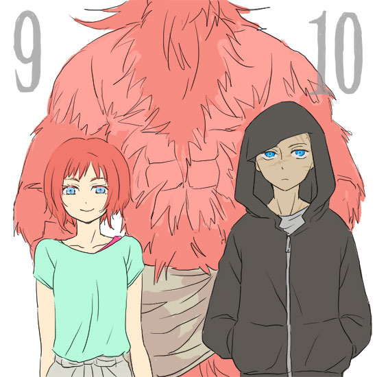 1girl, 2boys, bec_mcconn, blue_eyes, dark_skin, frown, fur, grubitsch_grady