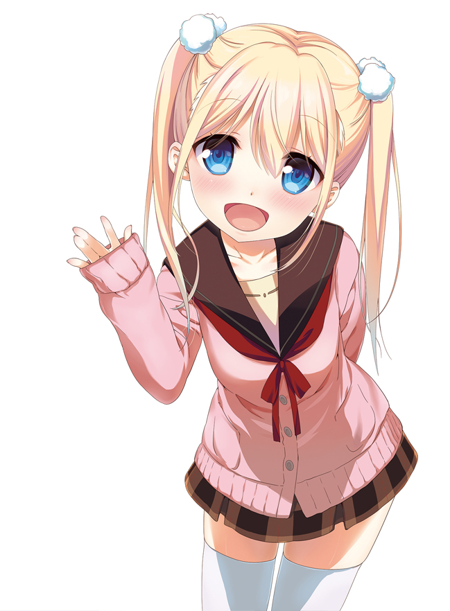 1girl, :d, arm_behind_back, blue_eyes, blush, cardigan, character_request, cowboy_shot, hair_bobbles, hair_ornament, jinsei, long_hair, long_sleeves, looking_at_viewer, nanase_meruchi, official_art, open_mouth, plaid, plaid_skirt, school_uniform, serafuku, skirt, sleeves_past_wrists, smile, solo, thigh-highs, twintails, waving, white_background, white_legwear, zettai_ryouiki