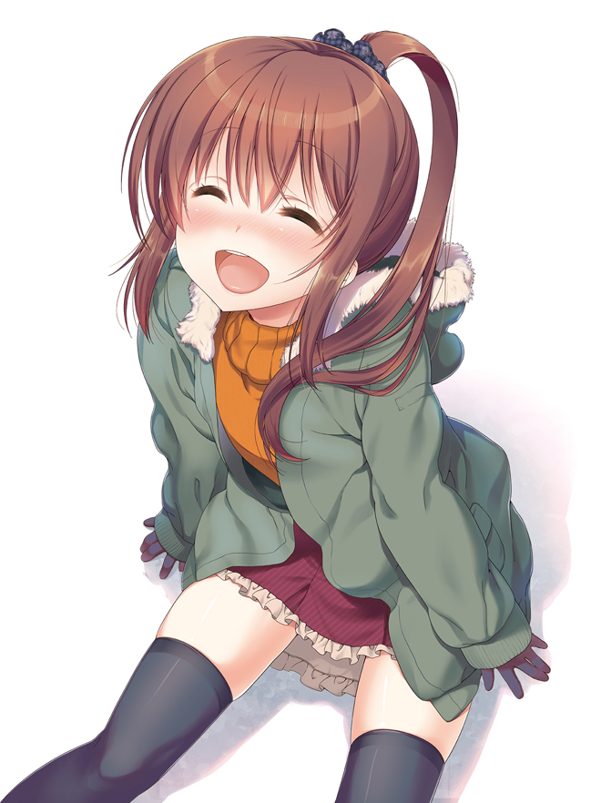 1girl, :d, ^_^, black_legwear, blush, brown_hair, closed_eyes, frills, gloves, hair_ornament, hooded_jacket, jacket, jinsei, long_hair, nanase_meruchi, official_art, open_mouth, ponytail, scrunchie, sitting, skirt, smile, solo, suzuki_ikumi_(jinsei), thigh-highs, white_background
