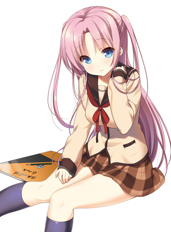 1girl, adjusting_hair, blue_eyes, blush, jinsei, kneehighs, long_hair, looking_at_viewer