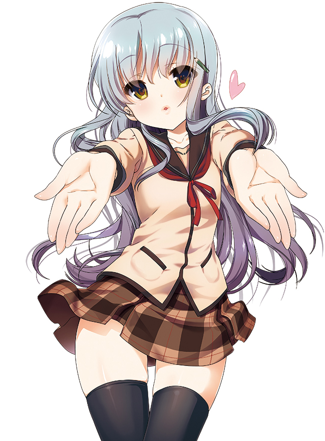 1girl, black_legwear, blue_eyes, cowboy_shot, floating_hair, gradient_hair, hair_ornament, heart