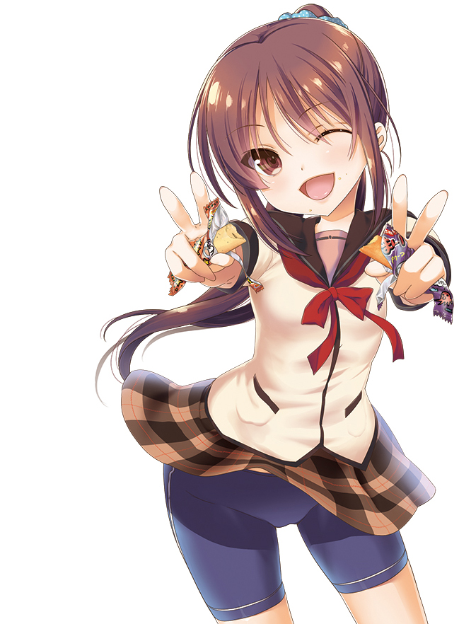 1girl, ;d, bike_shorts, brown_eyes, brown_hair, double_v, food, jinsei