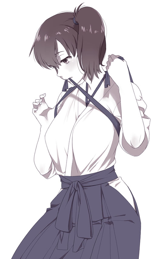 1girl, brown_hair, hakama_skirt, kaga_(kantai_collection), kantai_collection, mattaku_mousuke, mouth_hold, no_armor