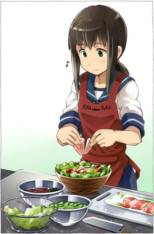 1girl, apron, black_hair, blue_skirt, bowl, food, fubuki_(kantai_collection), green_eyes
