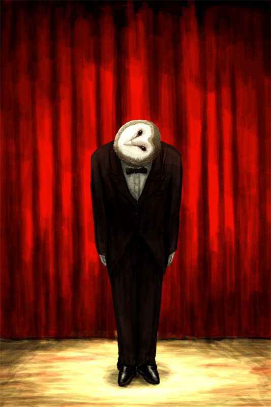 1boy, barn_owl, bird, bowing, bowtie, formal, guru, head_tilt