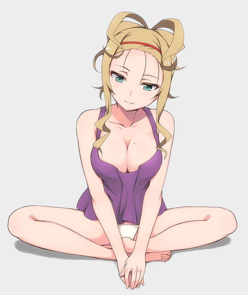 1girl, blonde_hair, blue_eyes, breasts, cleavage, hashi, headband, mole