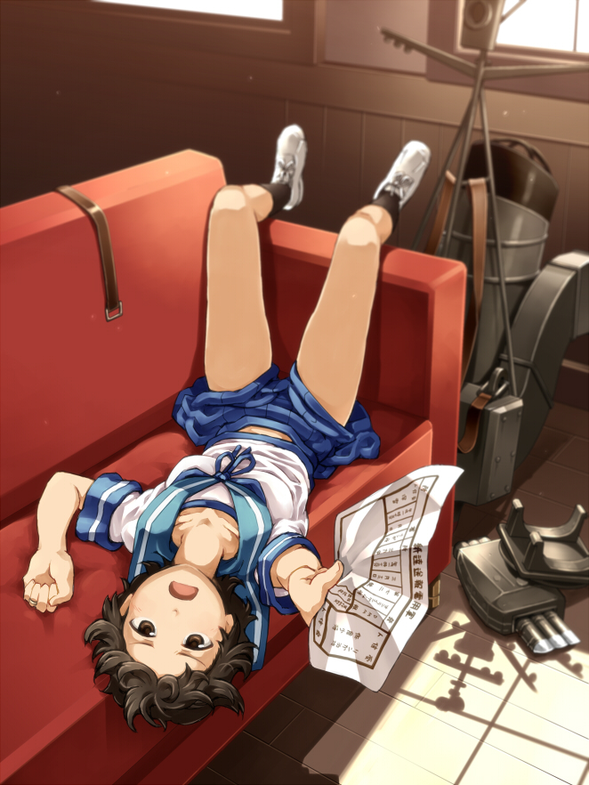 1girl, black_legwear, blue_skirt, brown_eyes, brown_hair, couch, d:, kantai_collection