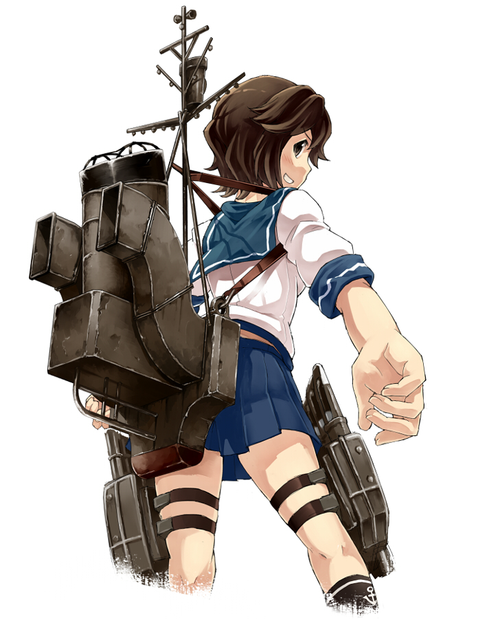 1girl, anchor_symbol, black_legwear, blue_skirt, brown_eyes, brown_hair, from_behind, from_below