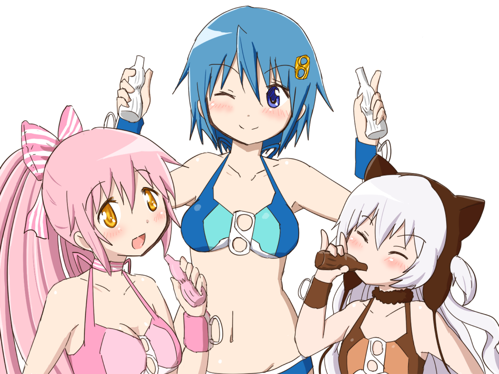 3girls, ;), bikini, bikini_top, blue_eyes, blue_hair, bottle, bow