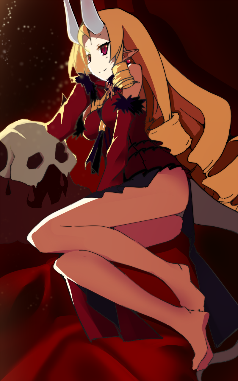 1girl, bare_legs, barefoot, blonde_hair, breasts, detached_sleeves, disgaea, drill_hair