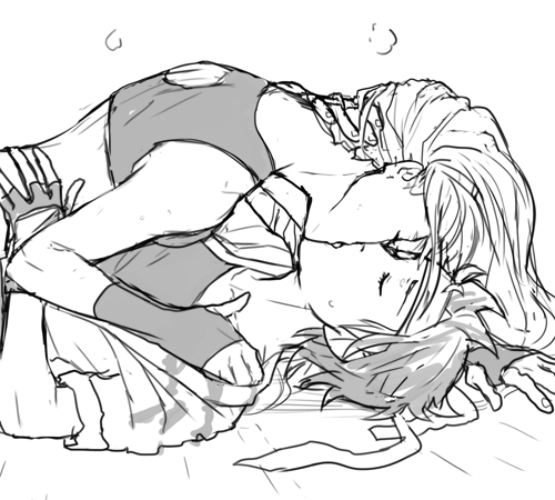 2girls, alternate_costume, arm_around_neck, closed_eyes, fingerless_gloves, girl_on_top, gloves, hand_under_clothes