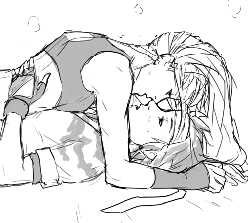 2girls, alternate_costume, fingerless_gloves, girl_on_top, gloves, headband, heavy_breathing, incipient_kiss