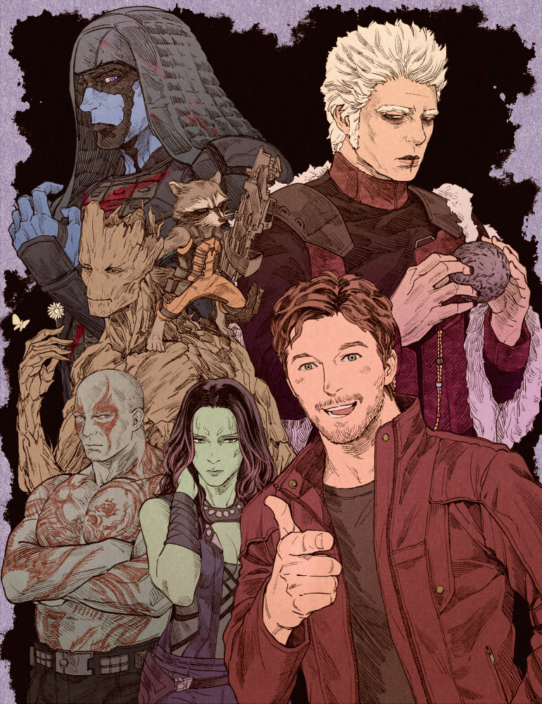 artist_request, blue_skin, crossed_arms, drax_the_destroyer, everyone, facepaint, facial_hair, gamora, green_skin, groot, guardians_of_the_galaxy, gun, hood, jacket, long_hair, marvel, orb, peter_quill, rocket_raccoon, ronan_the_accuser, science_fiction, taneleer_tivan, tattoo, the_collector, thumbs_up, tree, weapon