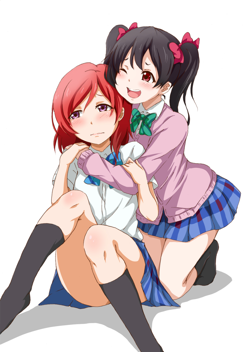 2girls, black_hair, black_legwear, blush, bow, cardigan, hair_bow, highres