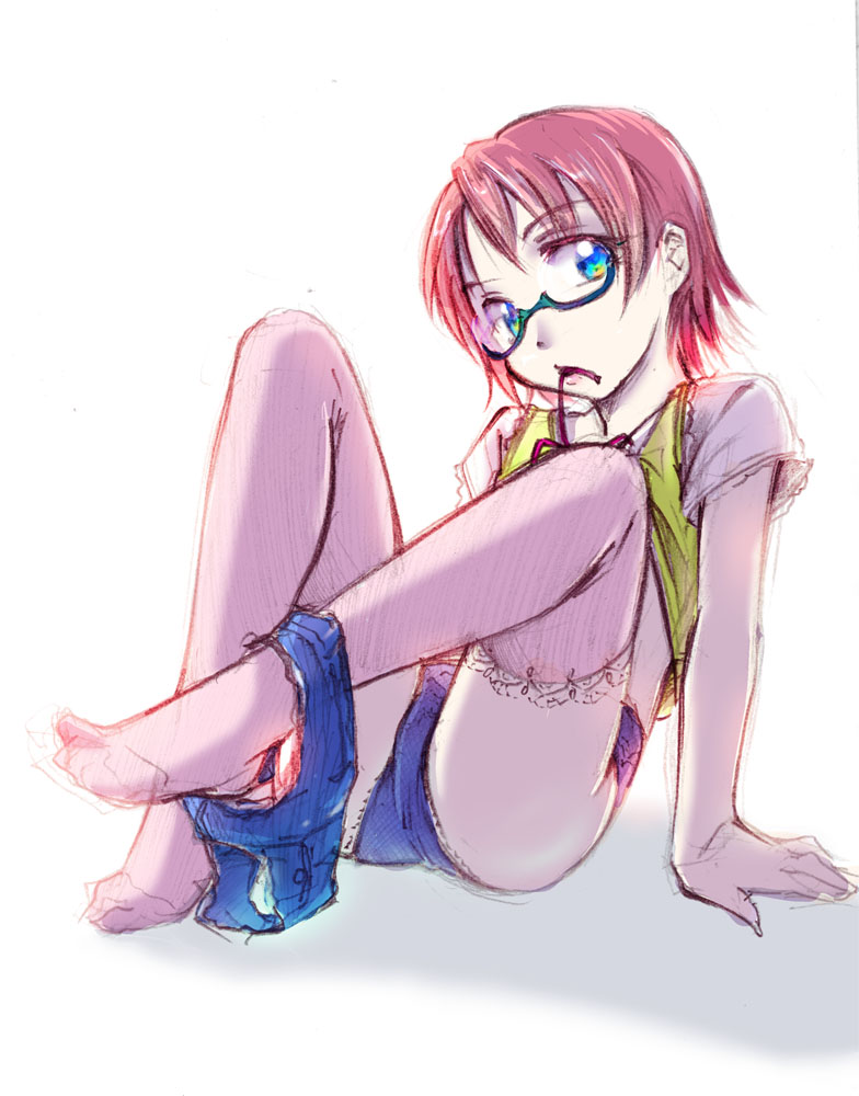 1girl, blue_eyes, glasses, graphite_(medium), jason_(kaiten_kussaku_kikou), lips, looking_at_viewer, mouth_hold