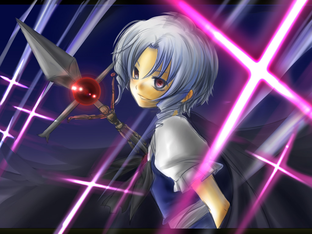 1girl, cape, cross, danmaku, dress, grey_eyes, michiru_(pink), muse_(seihou), night, night_sky, seihou, short_hair, short_sleeves, sky, smile, solo, torn_cape, weapon