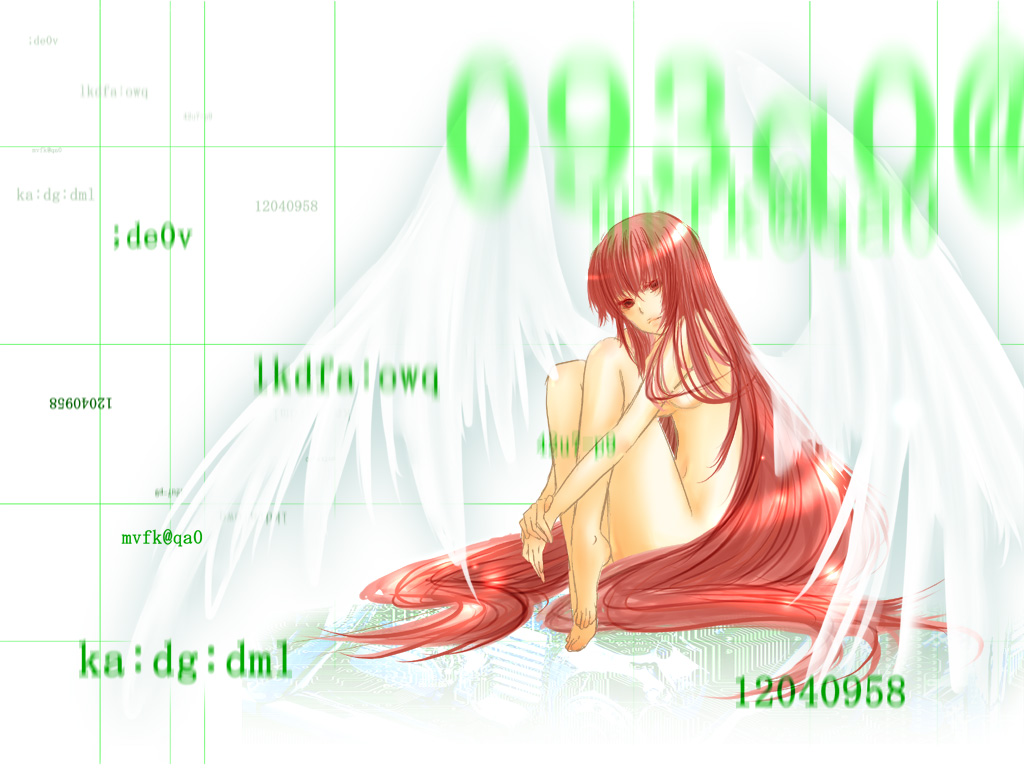 1girl, absurdly_long_hair, angel_wings, breasts, feathers, long_hair, michiru_(pink), nude