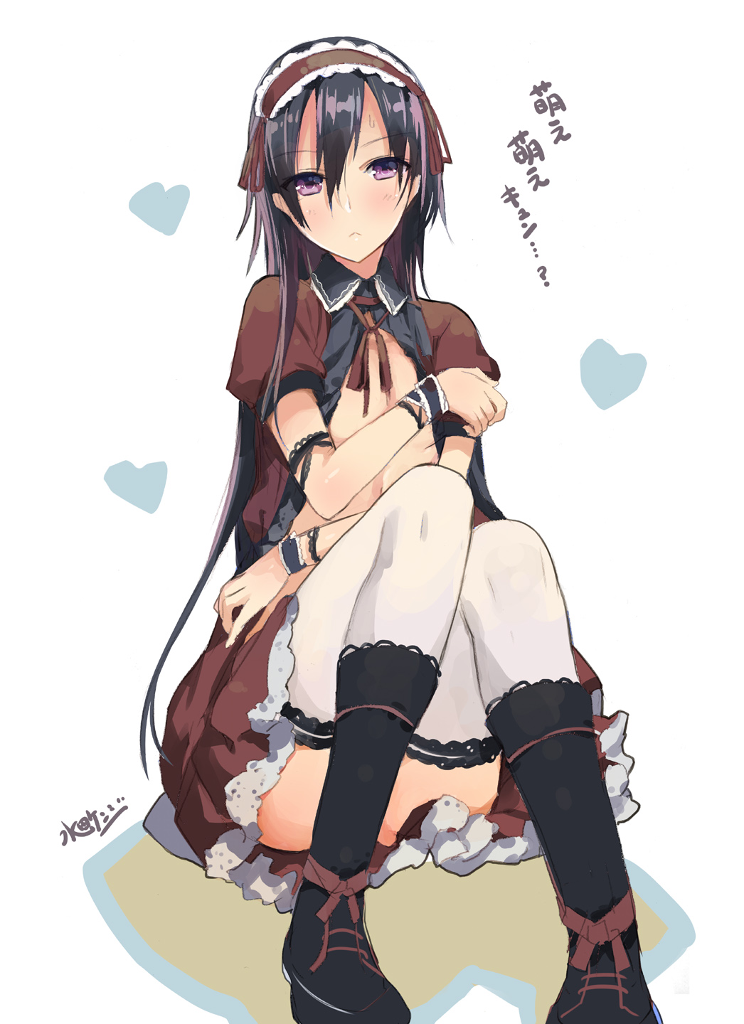 1boy, :<, alternate_costume, black_hair, blush, covering_chest, crossdressinging, enmaided, hairband, heart, highres, kirito, kirito_(sao-ggo), knees_together_feet_apart, long_hair, maid, open_clothes, sitting, skirt, solo, suidengetsu, sword_art_online, thighhighs, trap, violet_eyes, white_legwear, wrist_cuffs